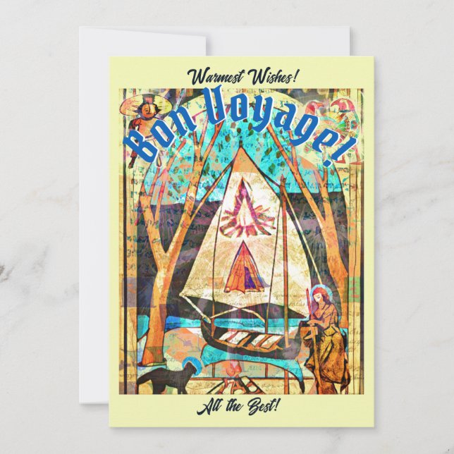 Bon Voyage Boat Cat Pilgrim Symbolist Holiday Card (Front)