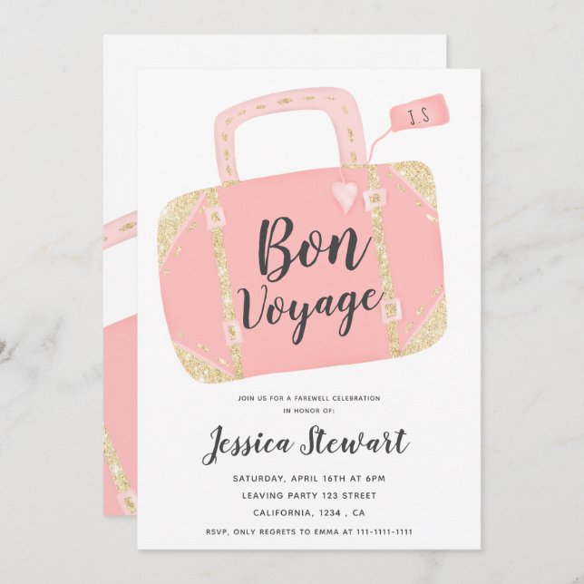 Bon voyage suitcase yellow gold pink leaving party invitation (Front/Back)