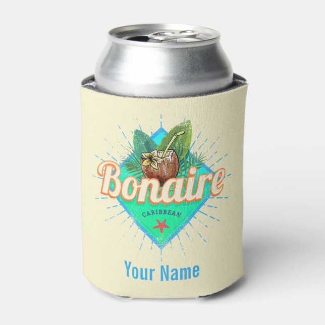 Bonaire Caribbean retro vacation vintage island Can Cooler (Can Front)