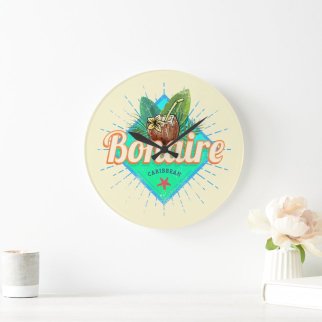 Bonaire Caribbean retro vacation vintage island Large Clock (Home)