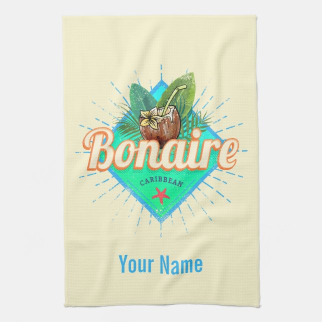 Bonaire Caribbean retro vacation vintage island Tea Towel (Vertical)