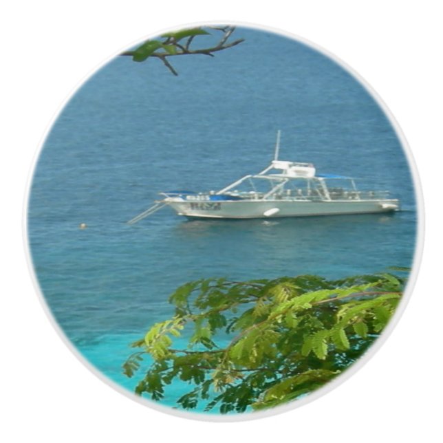 Bonaire Ocean View with Boat Ceramic Pull (Front)