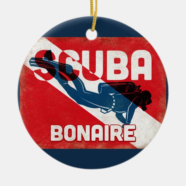 Bonaire Scuba Diver - Blue Retro Ceramic Tree Decoration (Front)