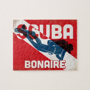 Bonaire Scuba Diver - Blue Retro Jigsaw Puzzle