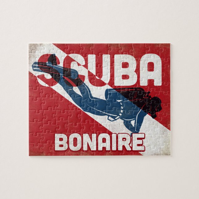 Bonaire Scuba Diver - Blue Retro Jigsaw Puzzle (Horizontal)