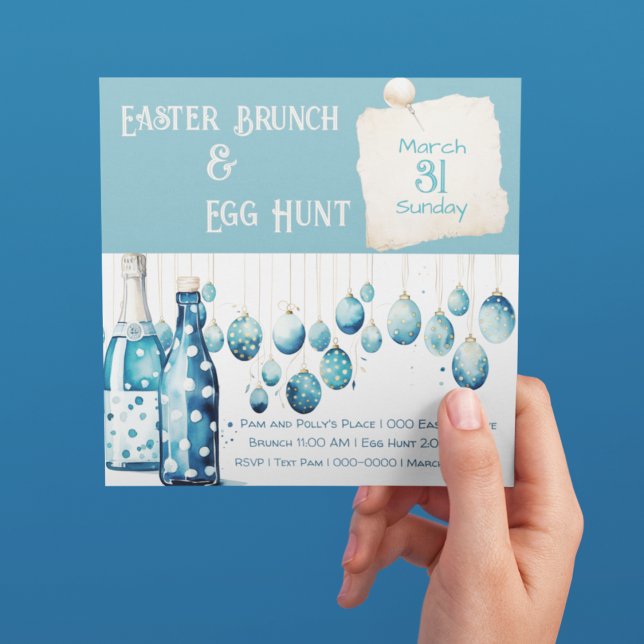 Bondi Blue Easter Brunch and Egg Hunt  Invitation (Bondi blue with polka dots on easter eggs. Customize this Easter Brunch and Egg Hunt invitation)