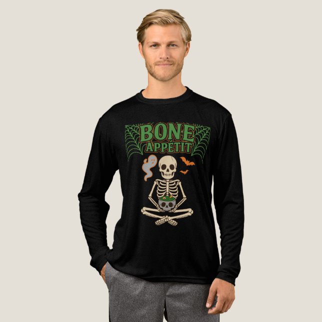 Bone Appétit Halloween Skeleton with Cauldron Tri-Blend Shirt (Full Front)