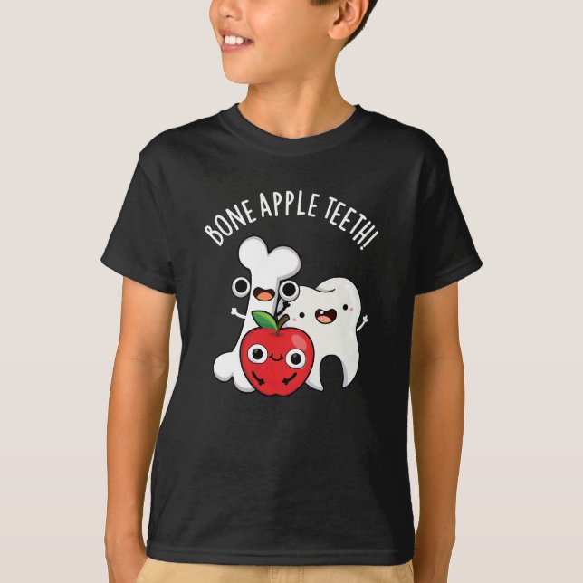 Bone Apple Teeth Funny Bona Appetit Pun Dark BG T-Shirt (Front)