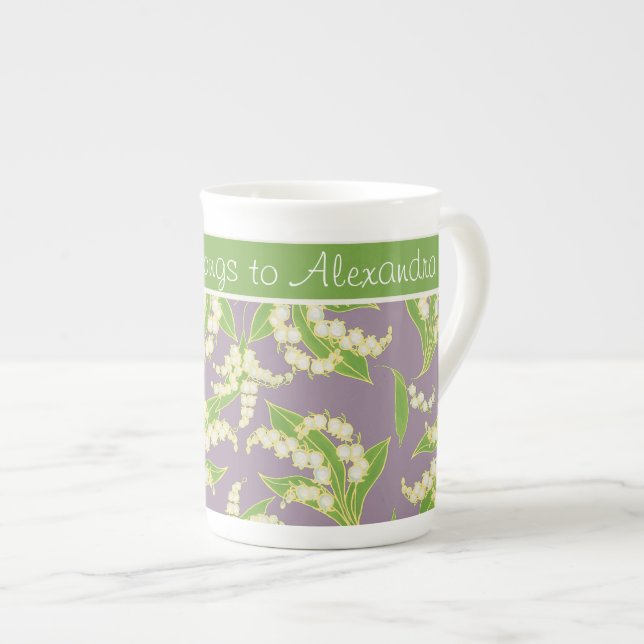 Bone China Coffee Mug: Lilies of the Valley, Mauve Bone China Mug (Front Right)