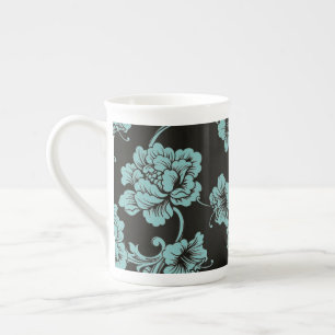 Bone China Mug-Black & Teal Floral Bone China Mug