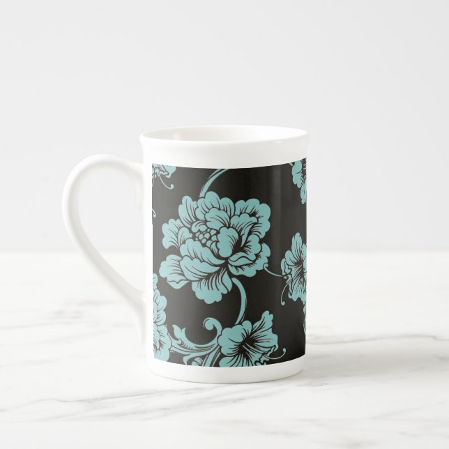Bone China Mug-Black & Teal Floral Mug (Left)