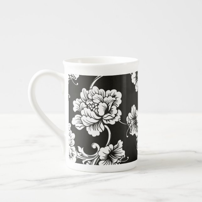 Bone China Mug-Black & White Floral Mug (Left)