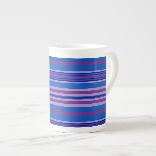 Bone China Mug: Mauve, Purple, Blue, Navy Stripes Bone China Mug (Front Right)