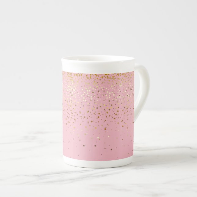 Bone China Mug-Petite Golden Stars-Pink Bone China Mug (Front Right)
