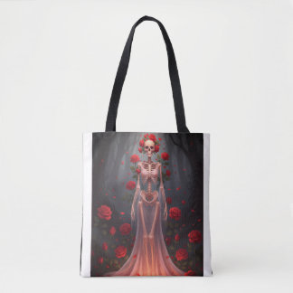 Bone girl wearing a wedding dress in a forest  tote bag