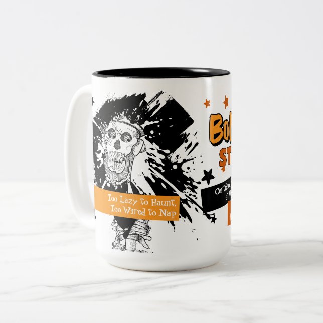 Bone Tired Still Wired – Funny Skeleton Halloween Two-Tone Coffee Mug (Front Left)
