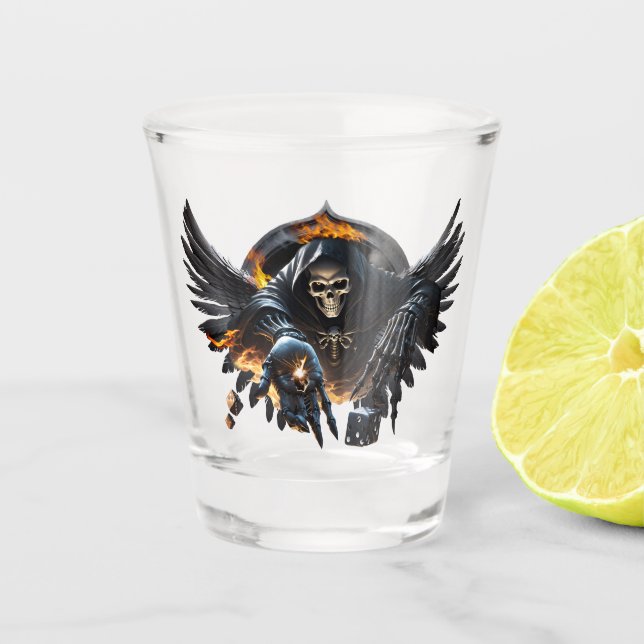 Bones and magic, skeleton with the mystical dice.  shot glass (Front)