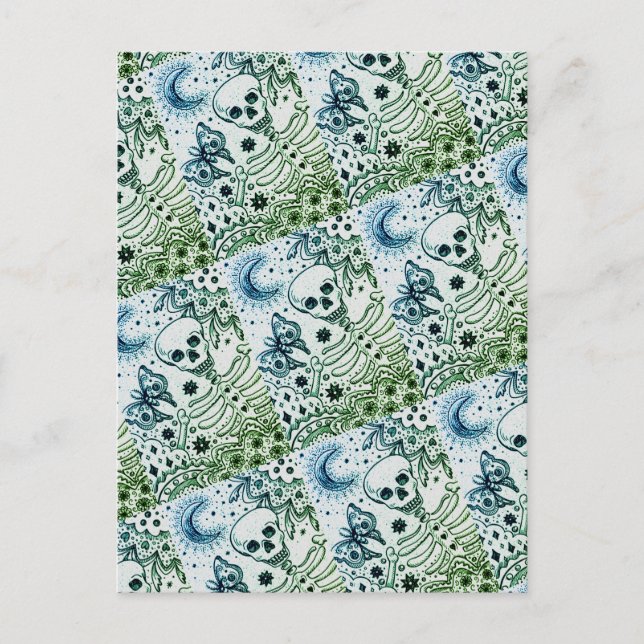 BONES IN THE GARDEN SKELETON, FOLK ART MOON MOTH HOLIDAY POSTCARD (Front)