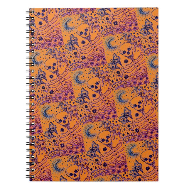 BONES IN THE GARDEN SKELETON, FOLK ART MOON, MOTH NOTEBOOK (Front)