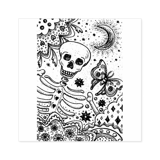 BONES IN THE GARDEN SKELETON, FOLK ART MOON MOTH RUBBER STAMP (Imprint)