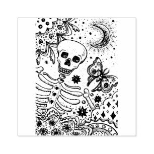 BONES IN THE GARDEN SKELETON, FOLK ART MOON MOTH RUBBER STAMP