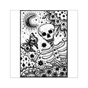 BONES IN THE GARDEN SKELETON, FOLK ART MOON MOTH RUBBER STAMP