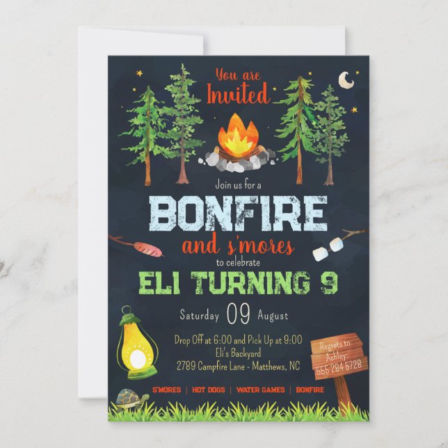 Bonfire Birthday Party Invitation - Camping Party (Front)