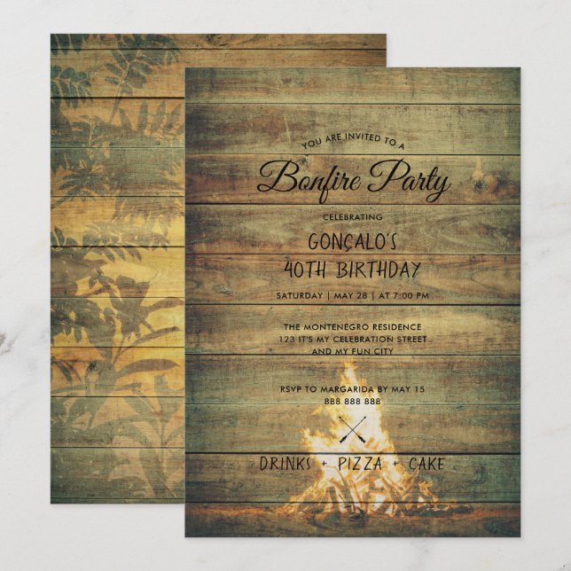 Bonfire Birthday Party Men 40th Celebration Rustic Invitation (Front/Back)