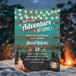 Bonfire & Lantern Rustic Teal Barn Retirement Invitation