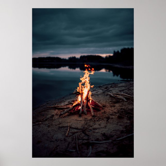 Bonfire near body of water during night time poster (Front)