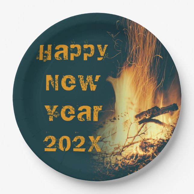 Bonfire New Year's Eve Party Text Paper Plate (Front)