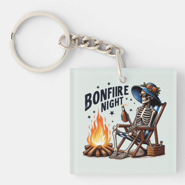 Bonfire Night - Skeleton Drinking by the Fire Key Ring (Front)