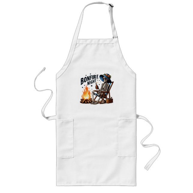 Bonfire Night - Skeleton Drinking by the Fire Long Apron (Front)