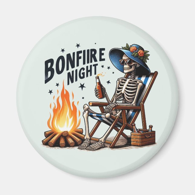 Bonfire Night - Skeleton Drinking by the Fire Magnet (Front)