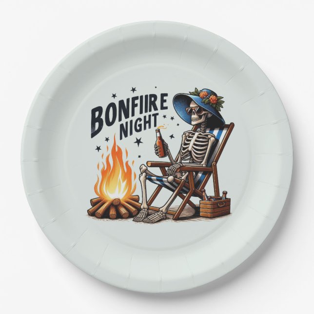 Bonfire Night - Skeleton Drinking by the Fire Paper Plate (Front)