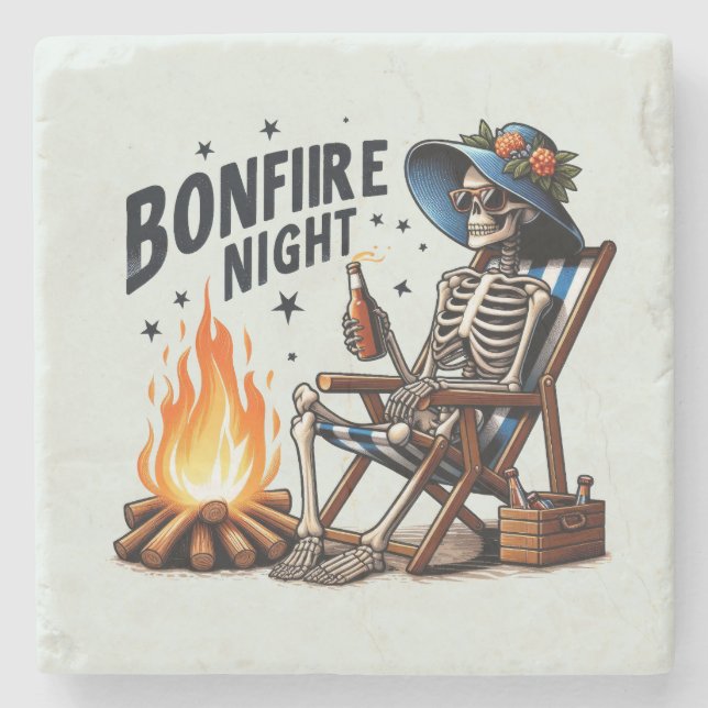 Bonfire Night - Skeleton Drinking by the Fire Stone Coaster (Front)
