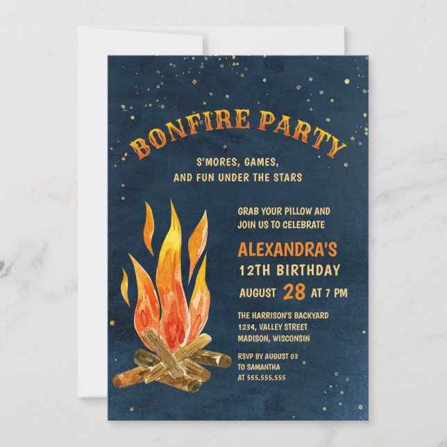 Bonfire Party Night Watercolor Fun Birthday Invitation (Front)
