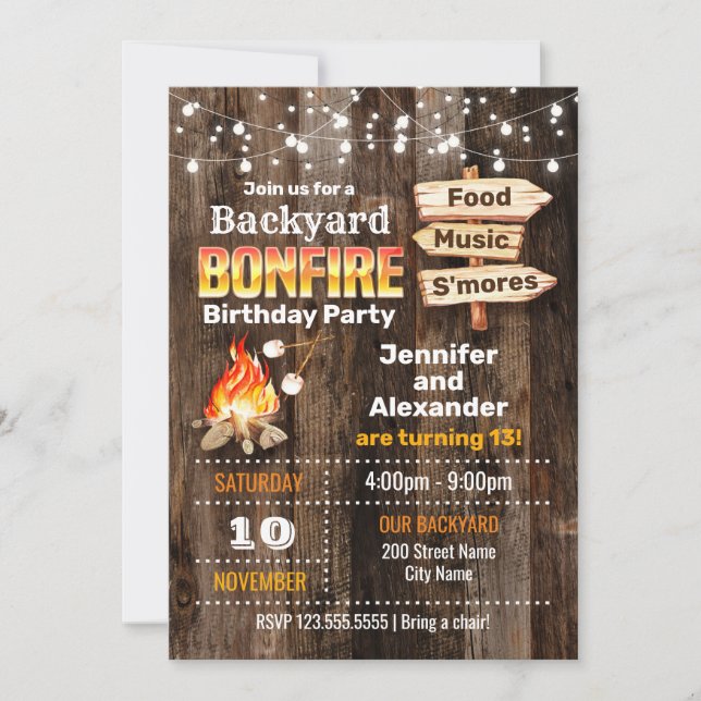 Bonfire Siblings Birthday Party Invitation (Front)