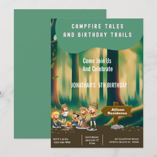 Bonfire Woodland camping outdoor birthday party   Invitation (Front/Back)