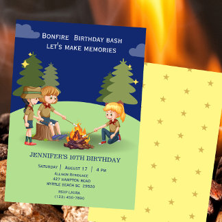 Bonfire Woodland camping outdoor birthday party Invitation