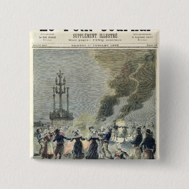 Bonfires lit to celebrate the summer solstice in 15 cm square badge (Front)