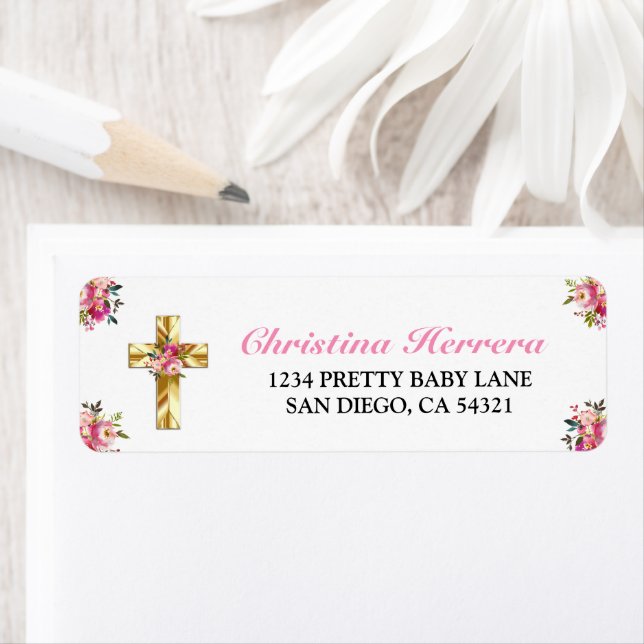 Bonito Rosa Floral Oro Cruz Bautismo  (Insitu)