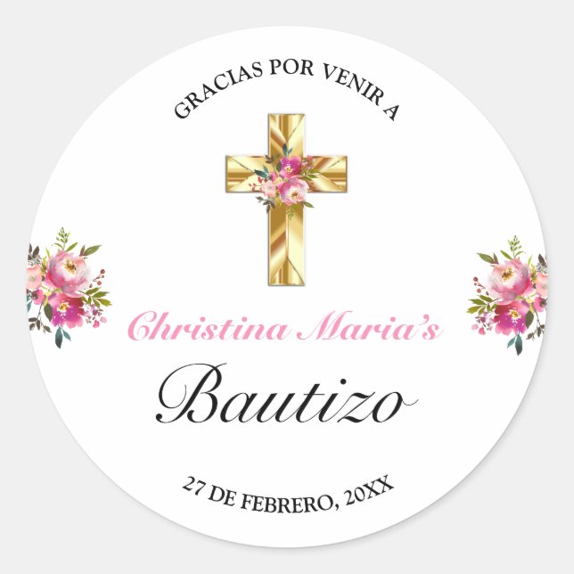 Bonito Rosa Floral Oro Cruz Bautismo Gracias Classic Round Sticker (Front)