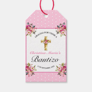 Bonito Rosa Floral Oro Cruz Bautismo Gracias Gift Tags