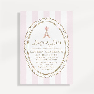 Bonjour Baby Pink Bow Eiffel Tower Baby Shower  Invitation