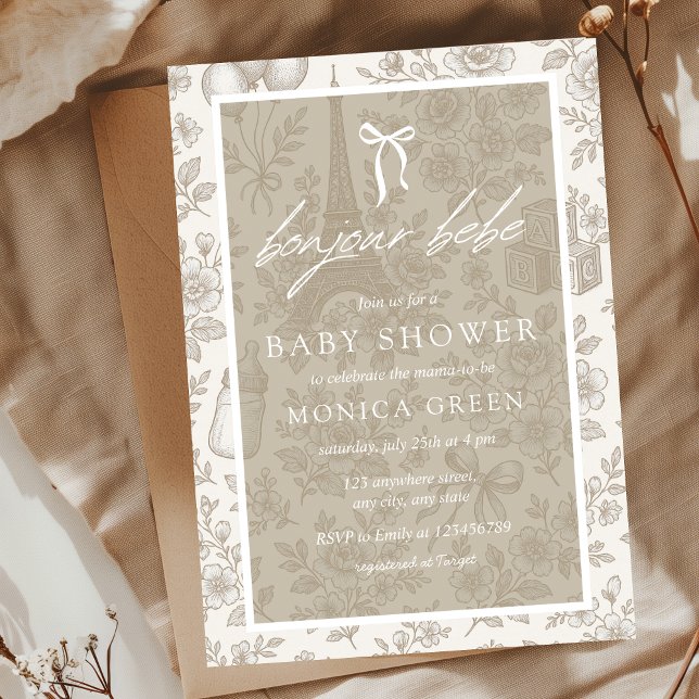 Bonjour Bebe Beige Neutra Toile French Baby Shower Invitation (Bonjour Bebe French Inspired Baby Shower Invitation Toile de Jouy Chinoiserie)