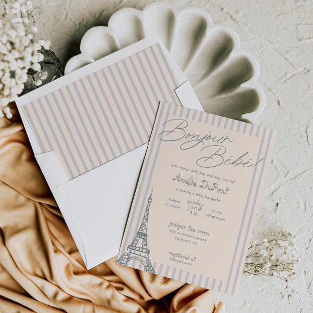 Bonjour Bebe Blue Baby Shower Invitation (Creator Uploaded)