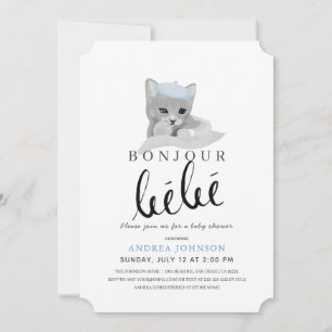 Bonjour Bebe Blue Beret Cat Boy Baby Shower Invitation