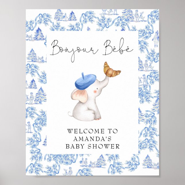 Bonjour Bebe Blue French Boy Welcome Baby Shower P Poster (Front)