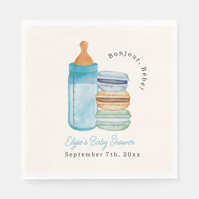 Bonjour Bébé Blue Macarons & Milk Boy Baby Shower Napkin (Front)